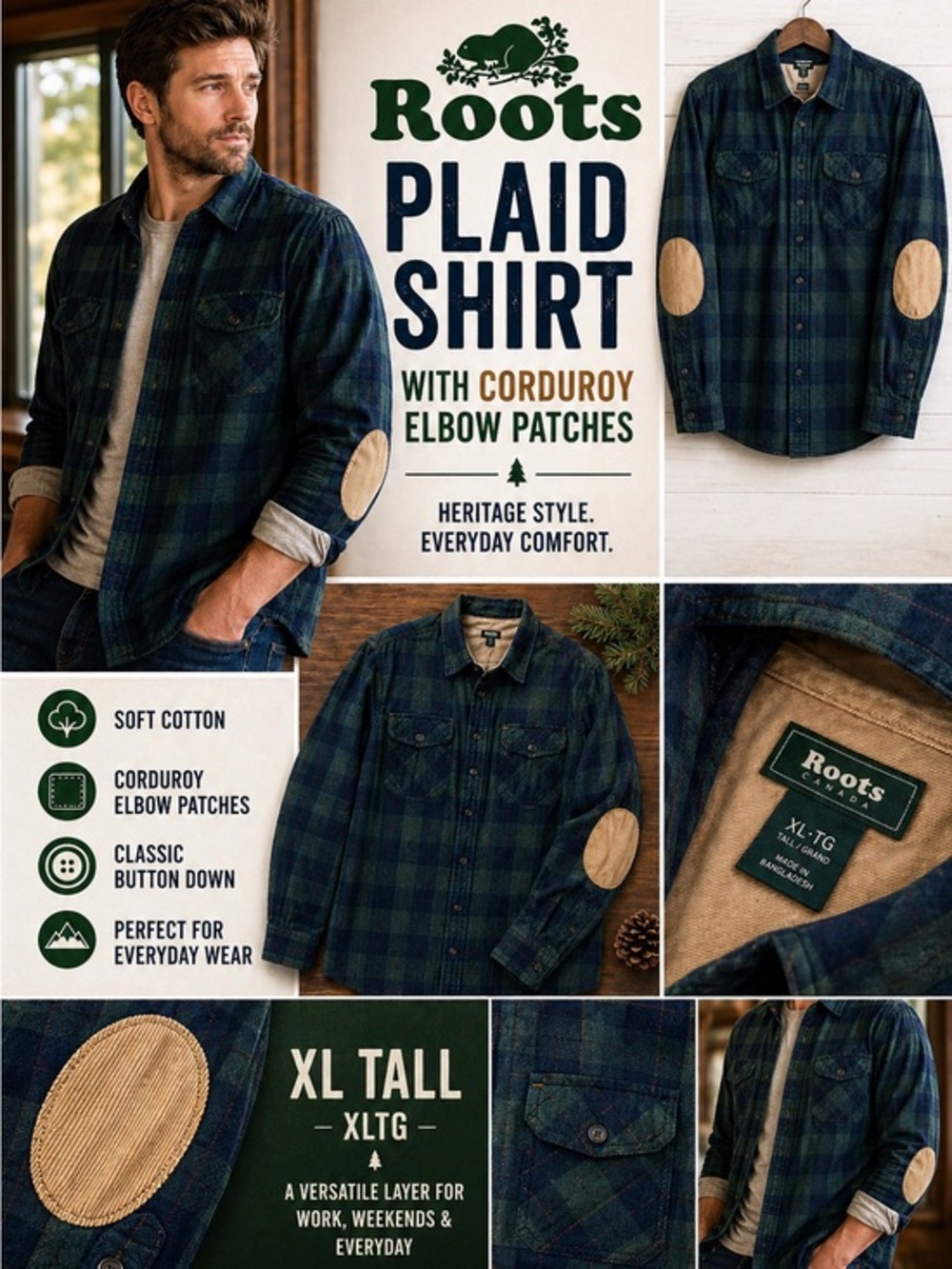 Roots Canada Plaid Shirt XL Tall Green Blue Corduroy Elbow Patch
